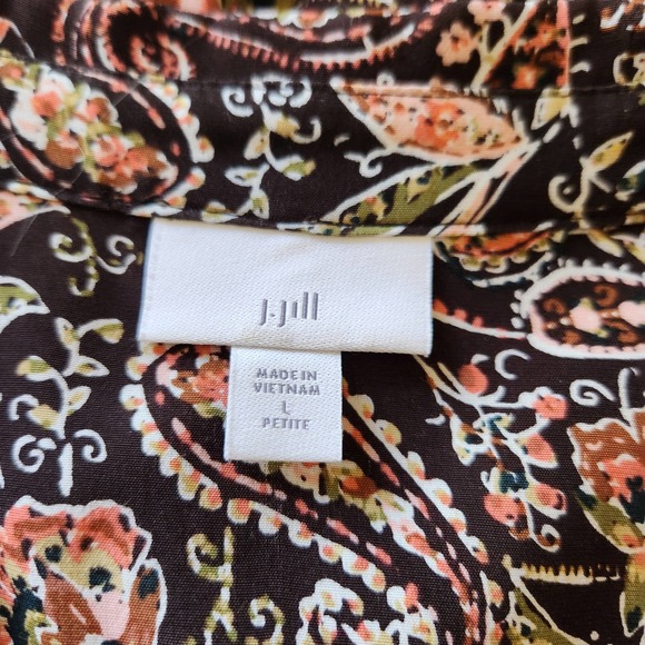 J Jill Buttoned Tunic Blouse Large Petite Black Pink Floral Filigree Lightweight - Picture 8 of 10